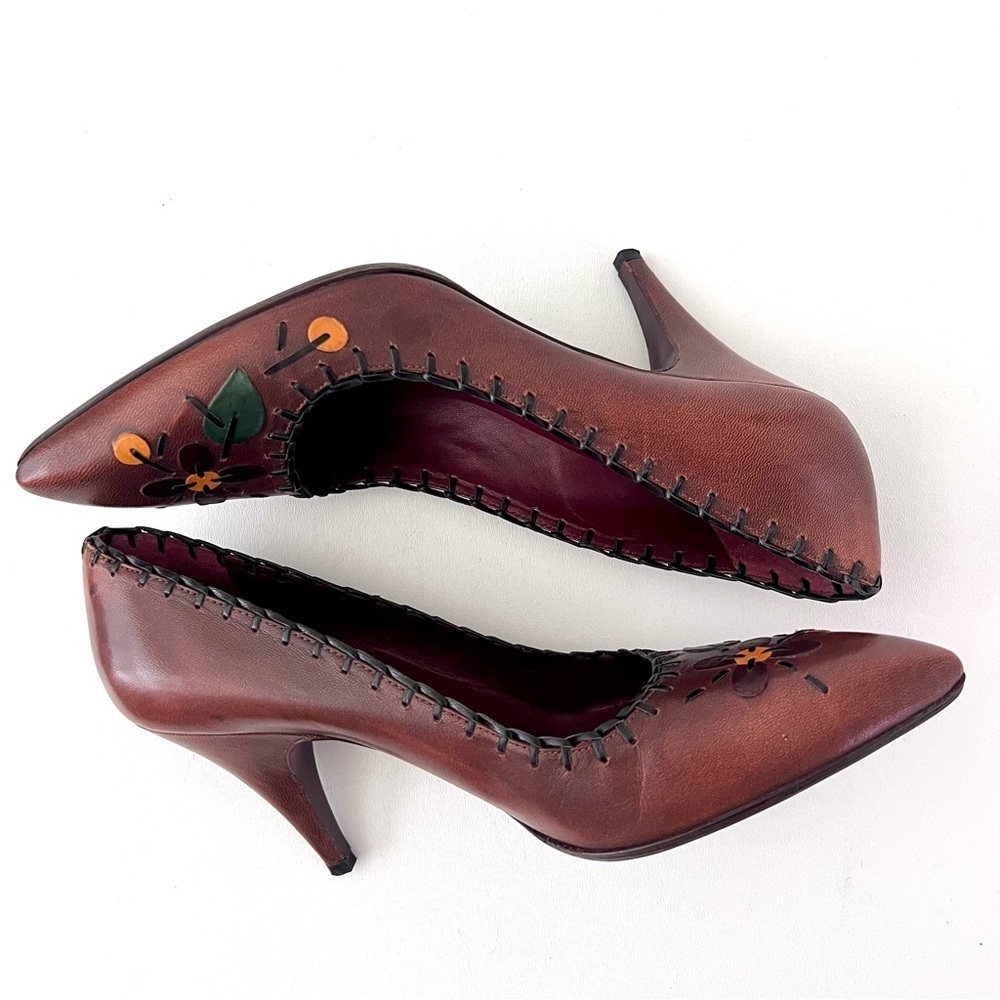 PRADA | Vintage Brown Red Leather Floral Stitch Appliqué Pointed‎ Pumps EU 38.5 - Picture 7 of 11